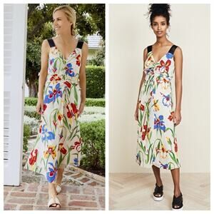 $898 TORY BURCH NWT RUNWAY Authentic Chiffon Iris Blue Cream Red Floral Dress 4